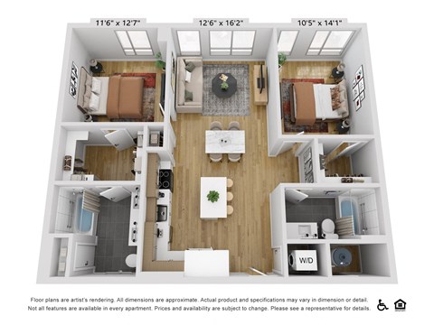 Floor plan for 2 beds, 2 baths, 1080 sqft